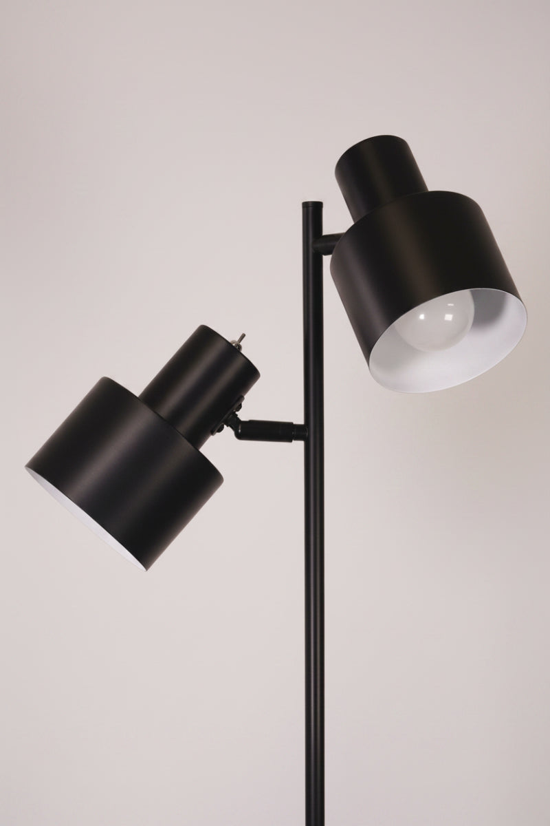 Close up of the all black 2 light floor lamp shades