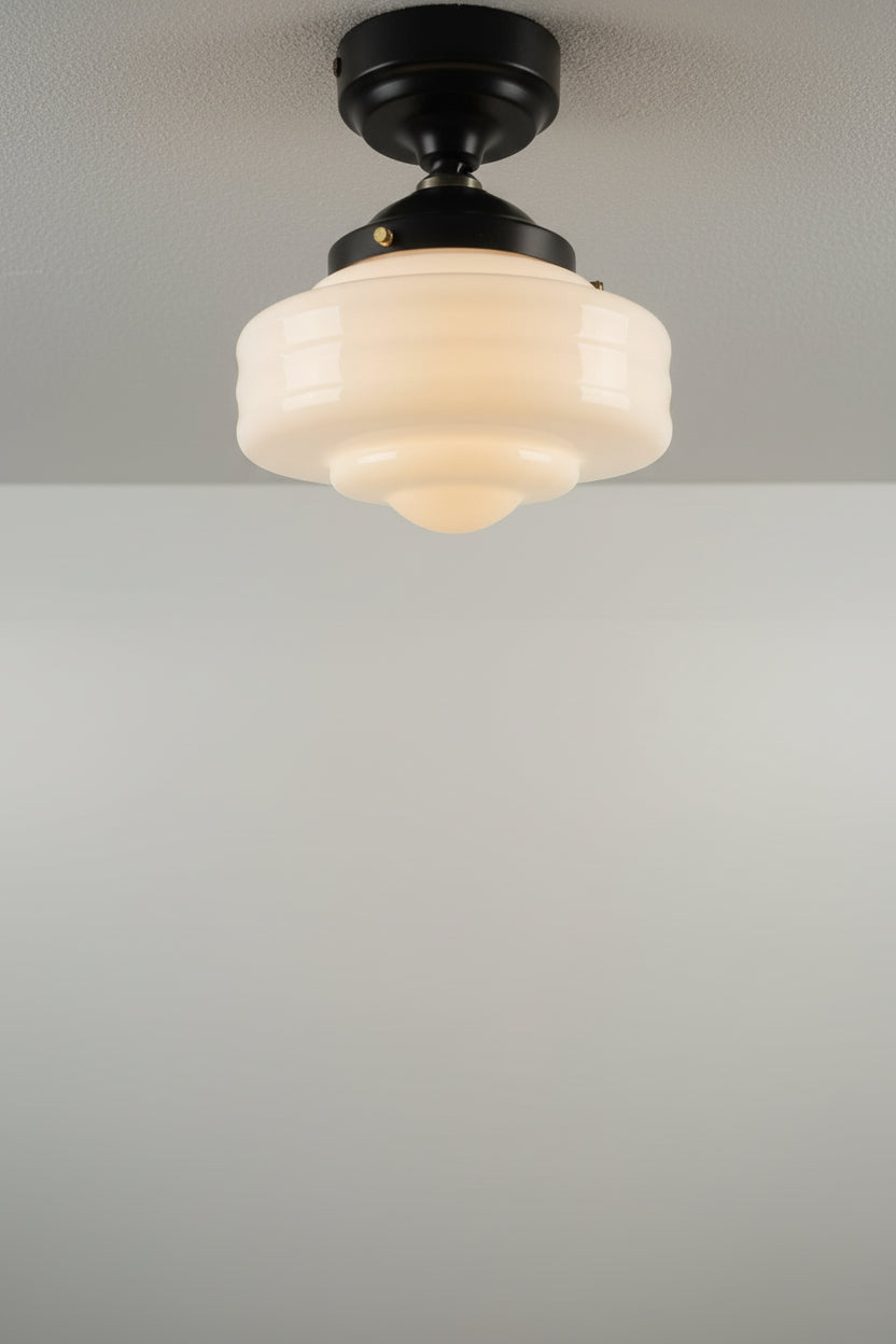 Schoolhouse flush mount light with black sconce and small shade