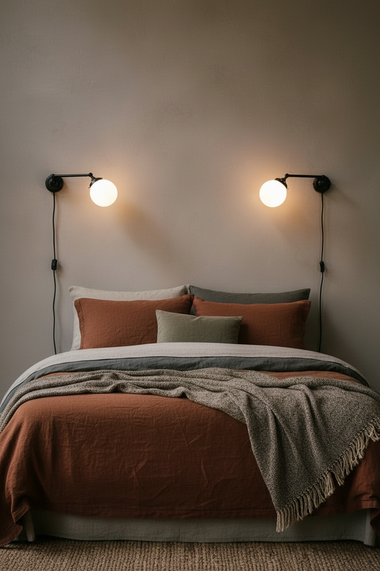 bedroom with DIY lights above bedhead for reading