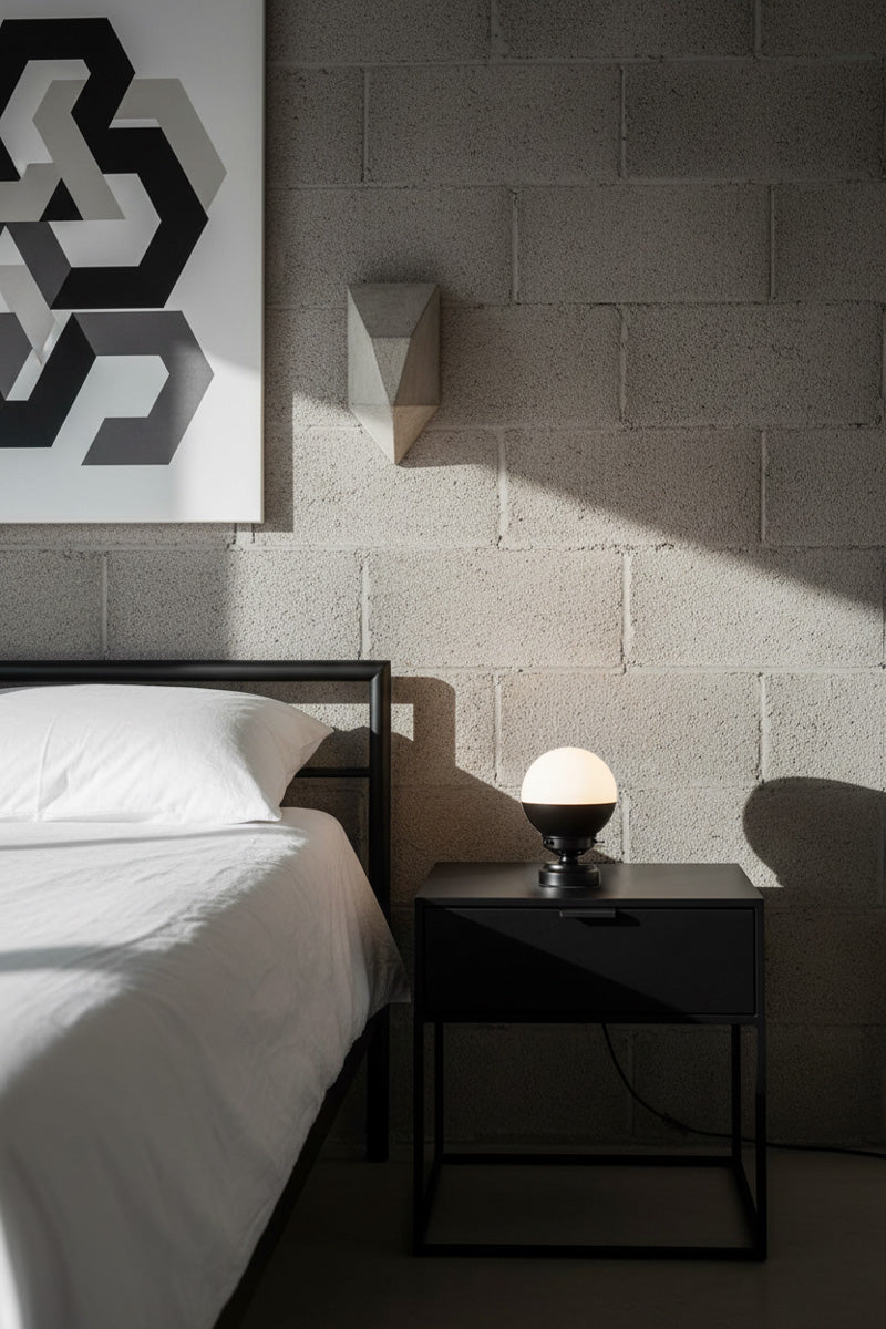 Small black table lamp with a half hand painted opal glass ball shade in a moder industrial bedroom. 