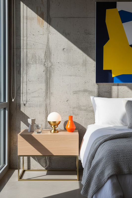 Small gold table lamp with a half hand painted opal glass ball shade in an eclectic industrial bedroom. 