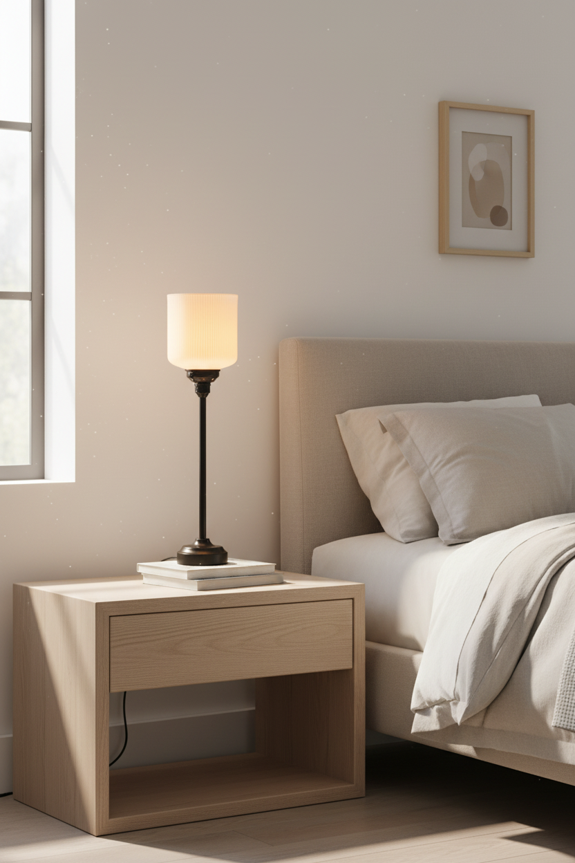 Ribbed ceramic shade with a gold candlestick lamp base set in a bedroom
