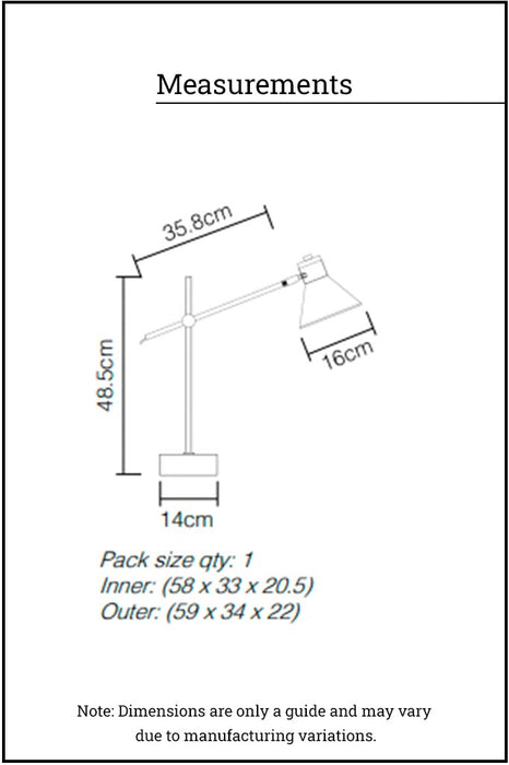 Measurements of table lamp