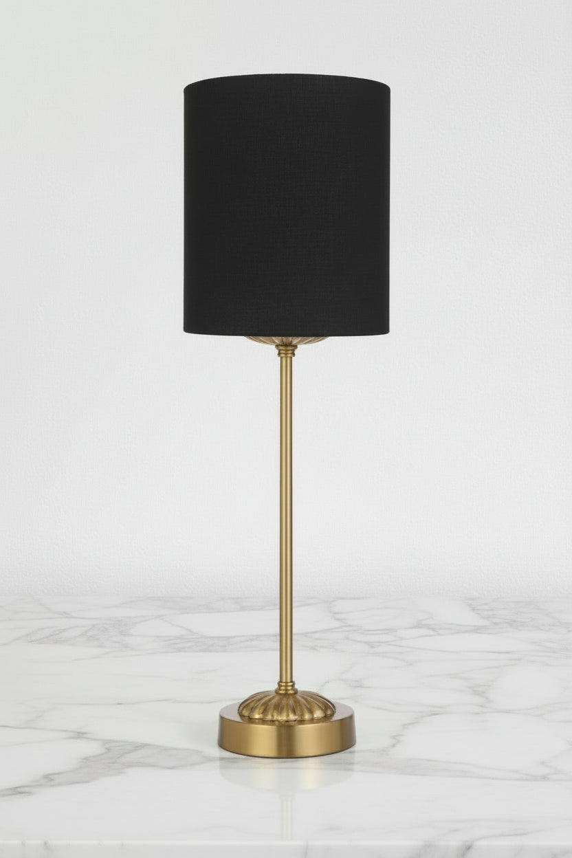 Antique gold table lamp stand with black satin shade. 