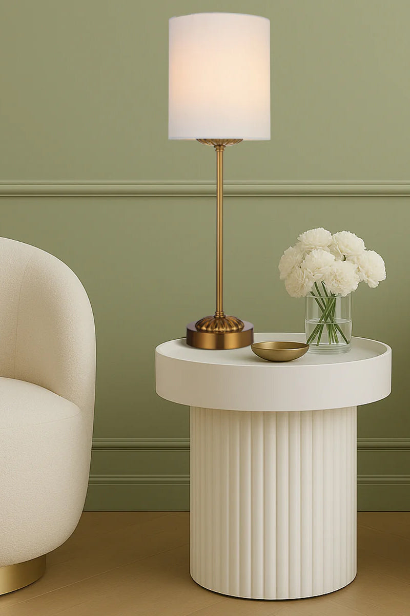 Antique gold table lamp stand with ivory satin shade as a side table lamp. 