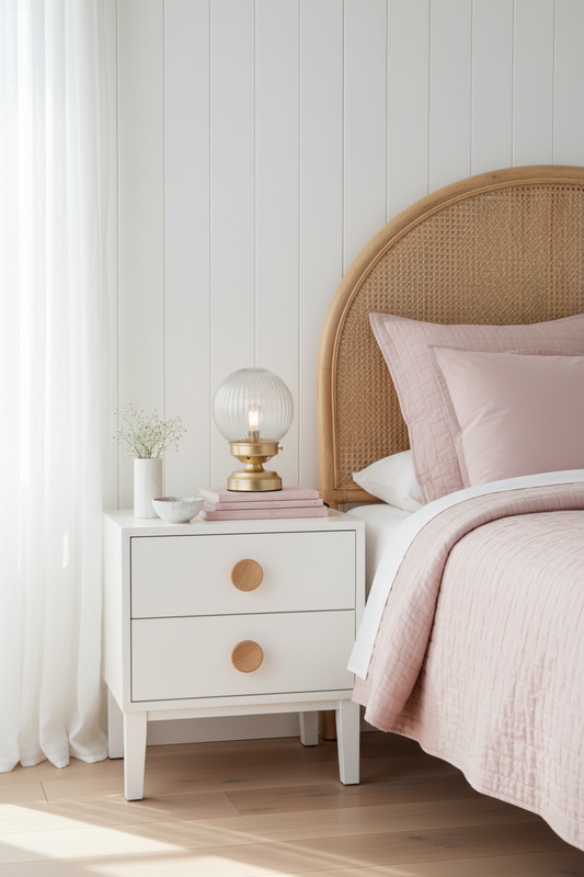 A styled bedroom corner featuring a white two-drawer nightstand a lit Clear reeded glass ball lamp with a gold/brass base table lamp. 