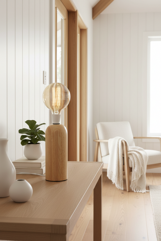 Modern interior with wooden table lamp, on hallway console and chair in a bright room.