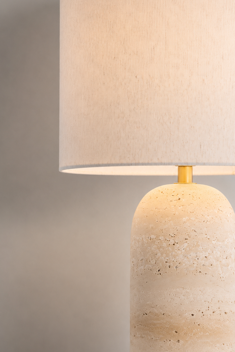 Close up of the drum shade and travertine base. 