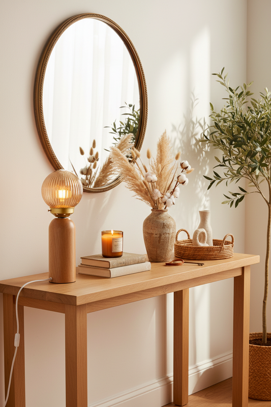 A warm, styled entryway scene featuring a light wood console table with a ribbed glass table lamp, a candle, books, dried pampas grass in a rustic vase, and a woven tray. 