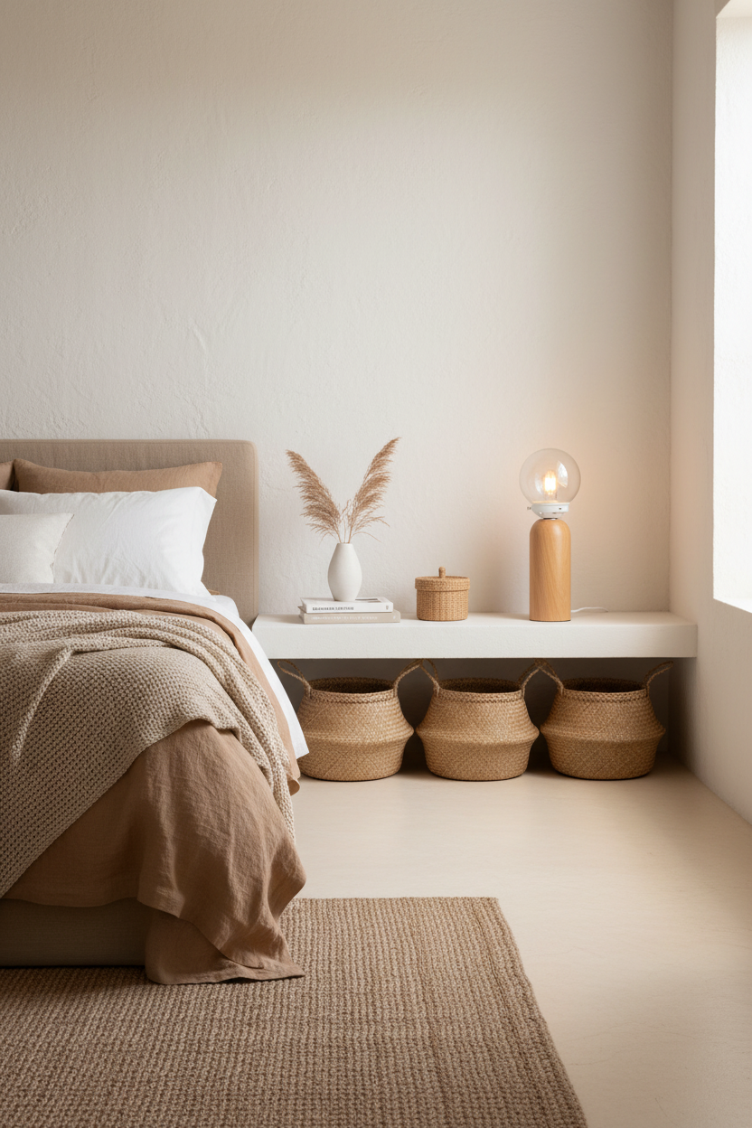 A styled bedroom corner with a bed in beige and white linens, a floating white shelf holding wooden table lamp with clear shade