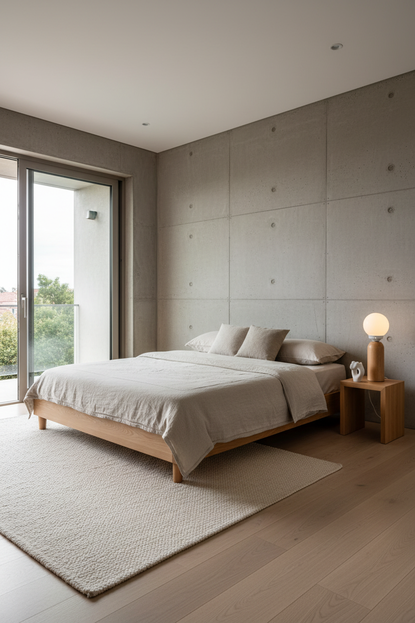 A minimalist bedroom featuring a wooden table lamp with opal shade. low wooden platform bed dressed in light beige bedding.