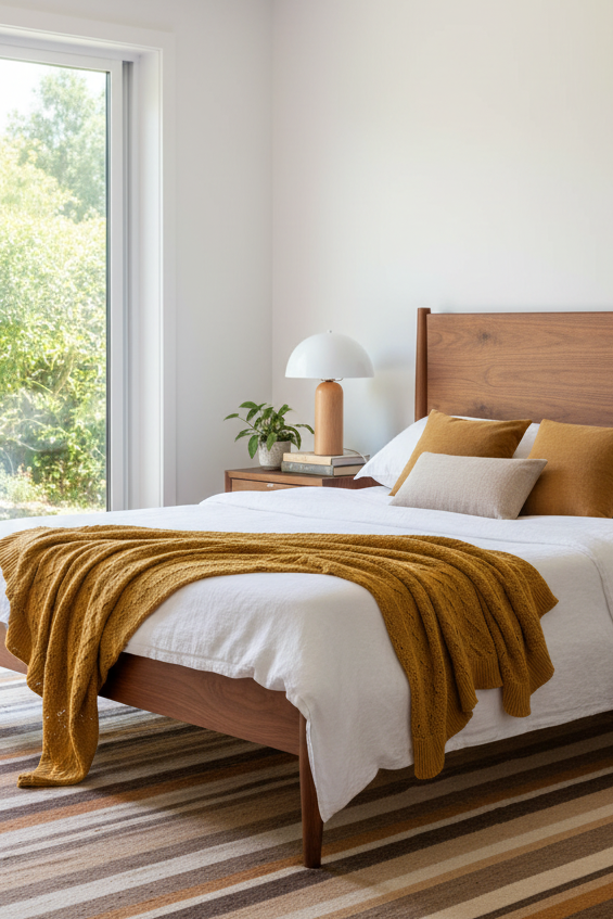 A modern mid-century style bright bedroom with wooden table lamp and white shade. A striped rug, a wooden nightstand, and a window looking out to green foliage.