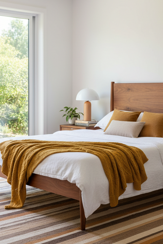 A modern mid-century style bright bedroom with wooden table lamp and white shade. A striped rug, a wooden nightstand, and a window looking out to green foliage.