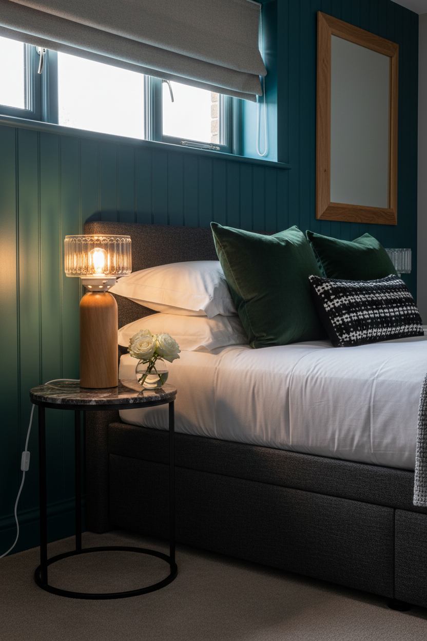 bedroom featuring a bed with white bedding, dark green pillows, and a black upholstered headboard, set against a dark teal paneled wall. A lit wooden glass table lamp sits on a small marble-top side table next to the bed.