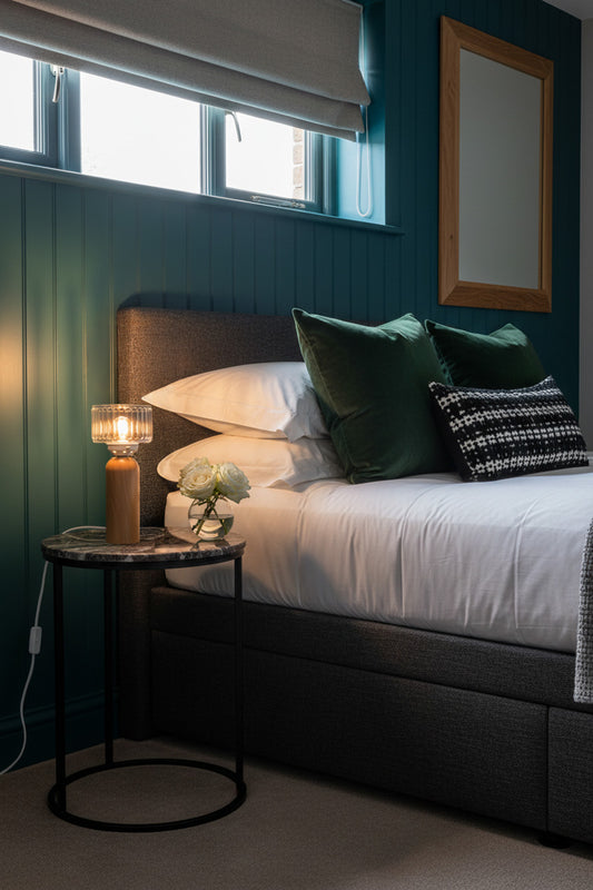bedroom featuring a bed with white bedding, dark green pillows, and a black upholstered headboard, set against a dark teal paneled wall. A lit wooden glass table lamp sits on a small marble-top side table next to the bed.