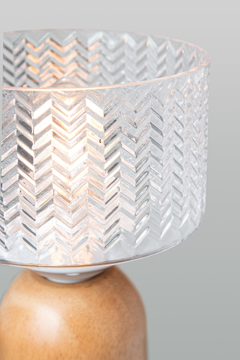 Clear chevron glass shade on Malibu Wood Table Lamp showing textured glass detail
