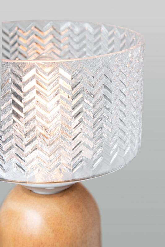 Clear chevron glass shade on Malibu Wood Table Lamp showing textured glass detail