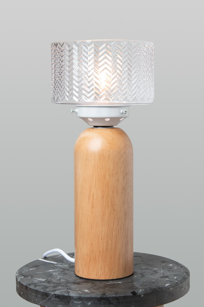 Malibu Wood Table Lamp with natural timber base and clear chevron glass shade
