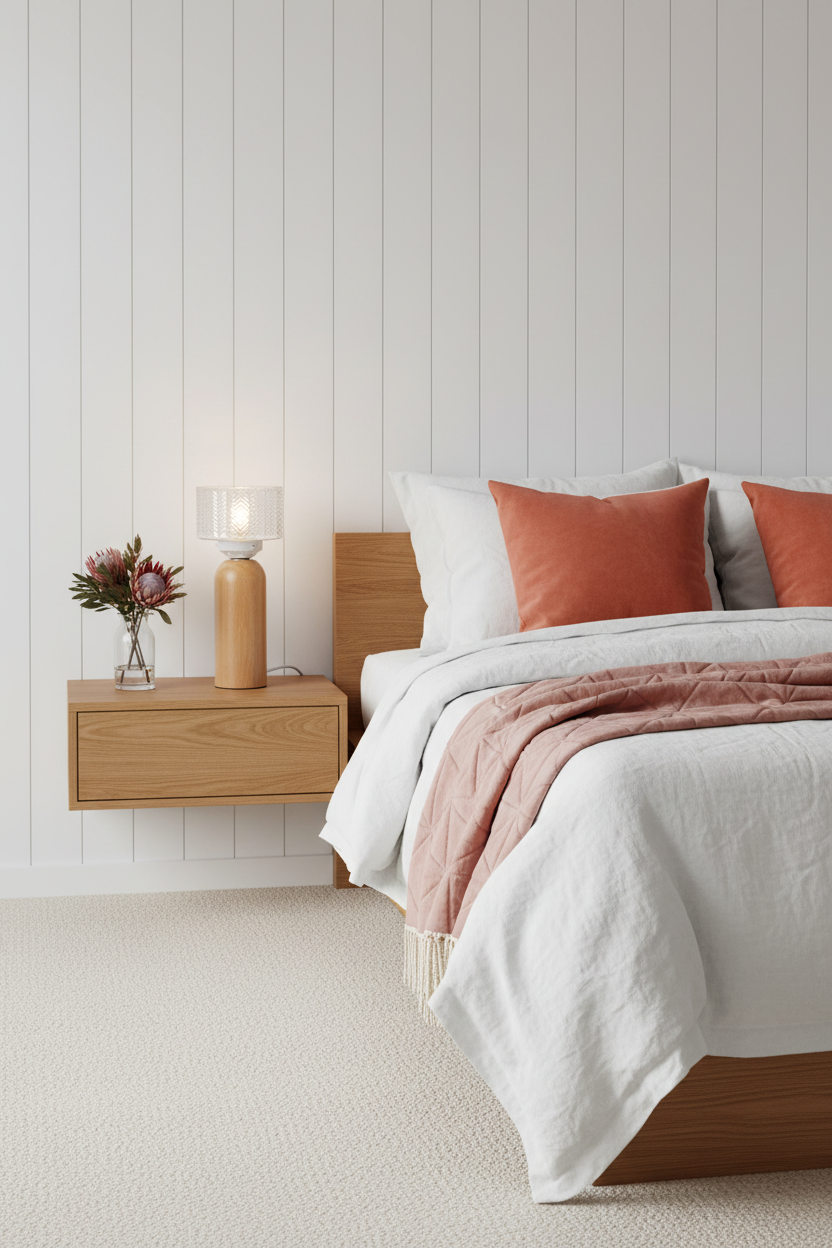A modern bedroom featuring a wooden bed frame with white linens, rust-orange accent pillows, with a matching wooden floating nightstand and wooden table lamp as a night light