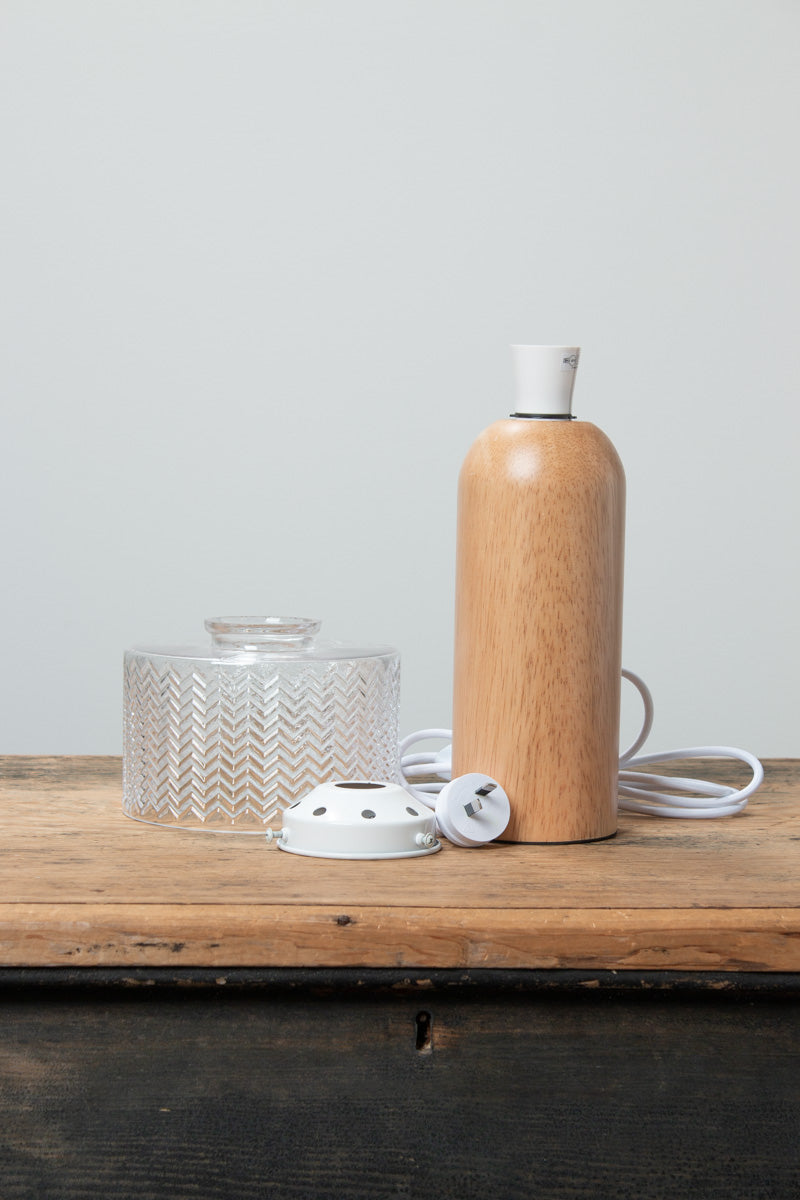 Malibu Wood Table Lamp with natural timber base styled on a wooden console table