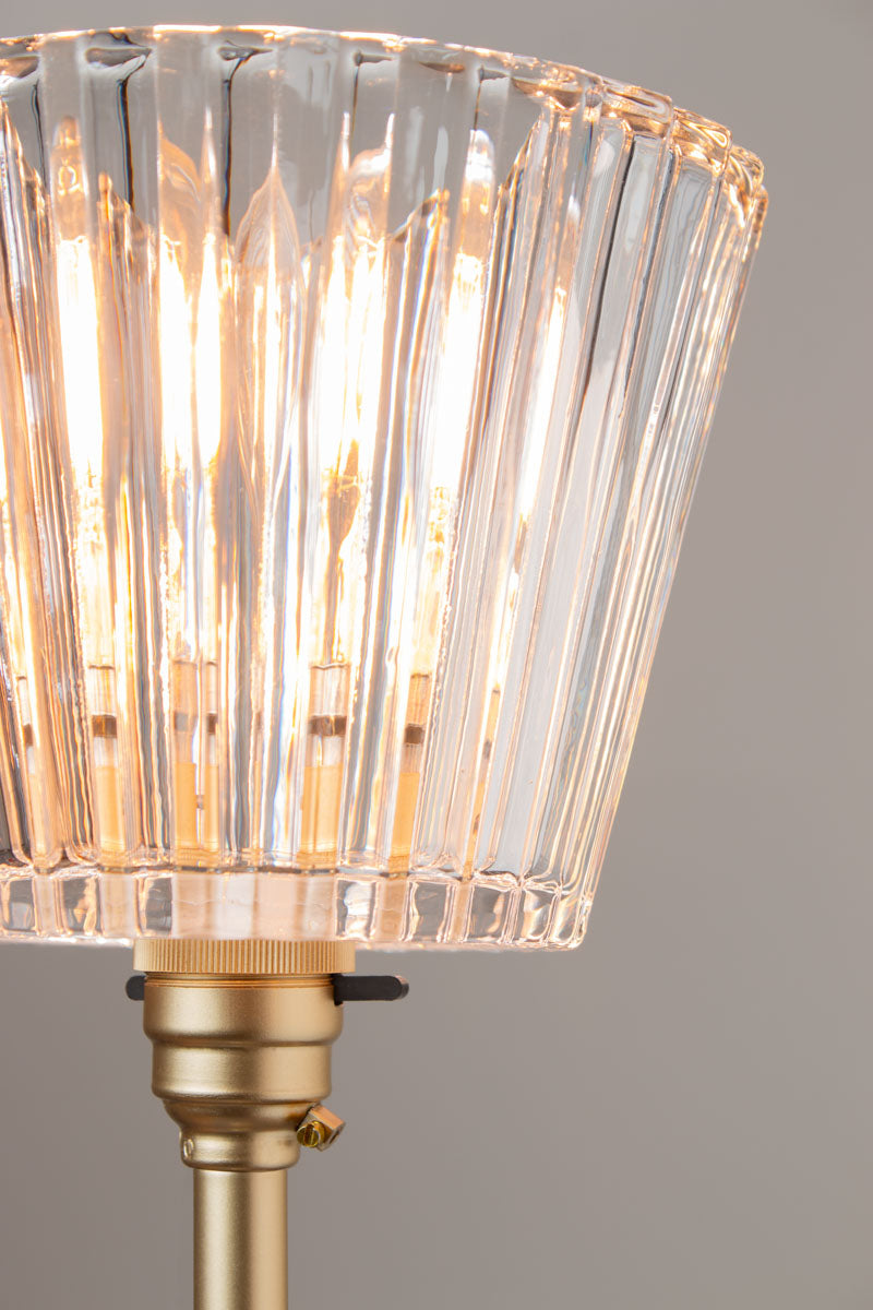 Close up of the Davis Glass Candlestick Table Lamp in Gold/Brass. 