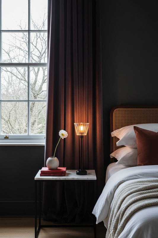 Black Candlestick table lamp with a clear glass pleated shade as a bedside light in a moody bedroom space. 