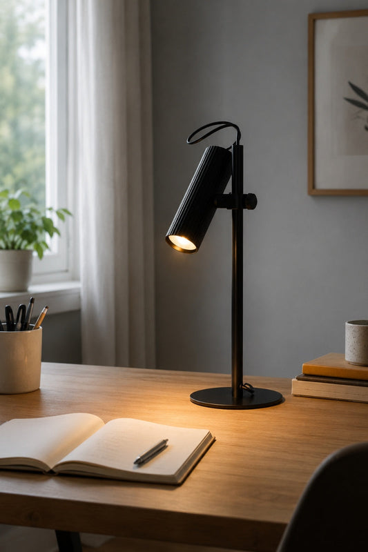 Black Collie desk lamp with the light on, used as a desk light. 