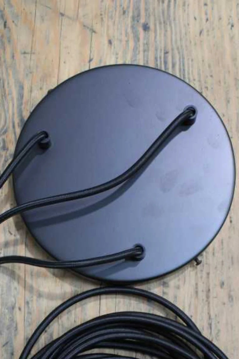 Round black ceiling rose with 3 cords for pendant lighting