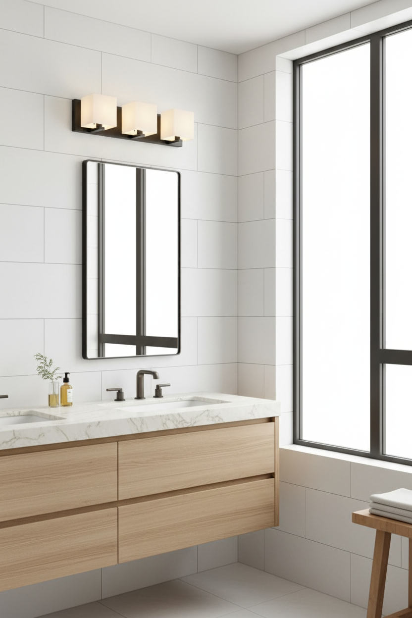 3 light vaniety wall light in a modern bathroom with wooden vanity, marble countertop, and large window.