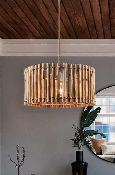 wooden pendant light in a living room