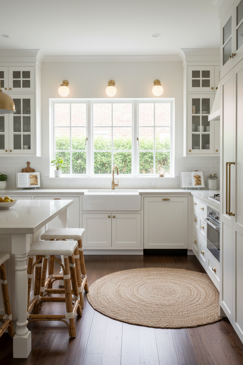A bright, modern kitchen with 3 gold brass wall lights above a large multi-pane window, dark wood floors.