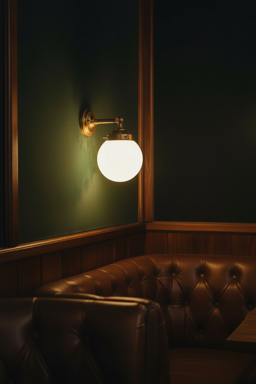 Vintage-style light fixture on a dark wall above a brown leather couch.