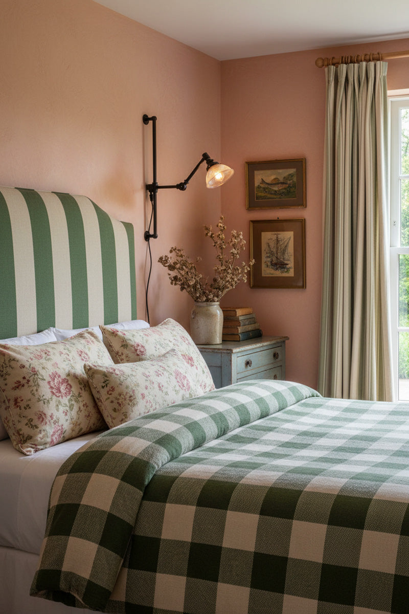 A  bedroom with a green and white striped headboard, and Swing arm wall light with glass shade next to the bed.