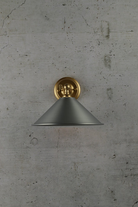 Small vintage steel cone wall light with brass arm