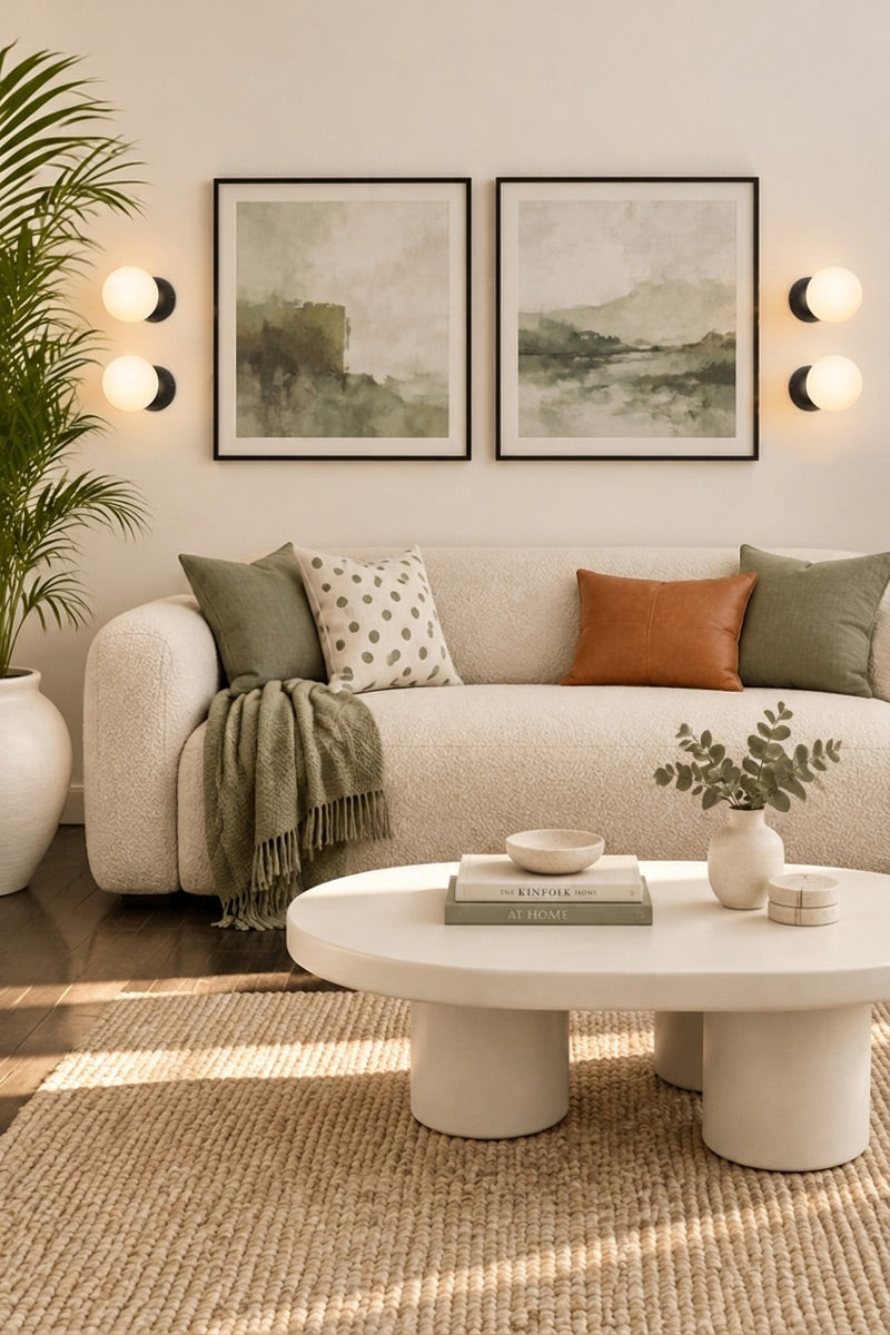 Living room with wall lights above sofa and used as a decorative style in the decor