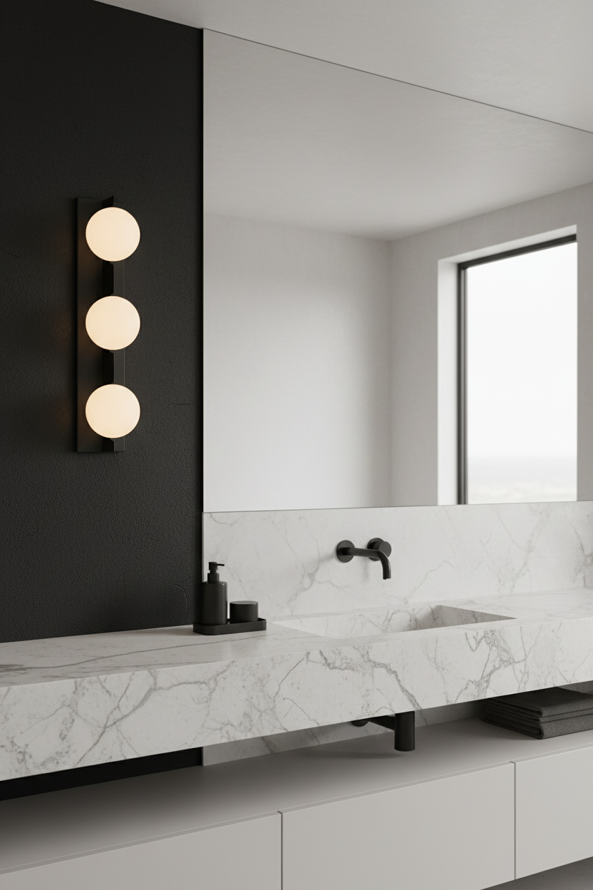 bathroom wall lights near mirror, stone benchtop modern decor