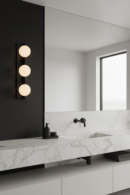 bathroom wall lights near mirror, stone benchtop modern decor