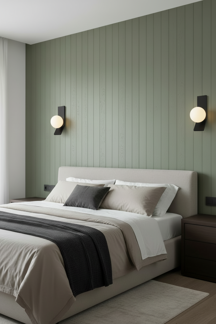 Modern bedroom with a bed, nightstands, and wall sconces with glass orbs on each side od the bed