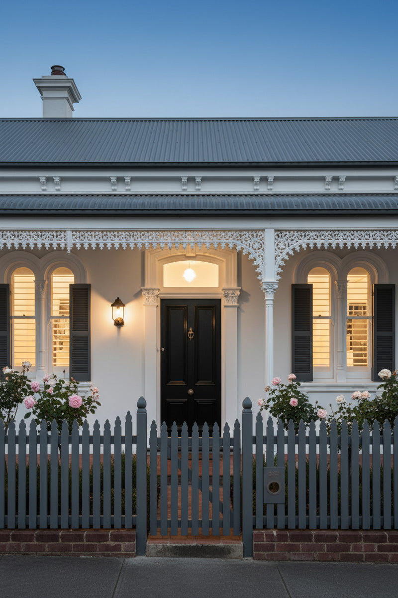 A classic white Victorian-style house facade at dusk, featuring Antique Bronze finishes outdoor wall light on a front porch of a white washed house. 