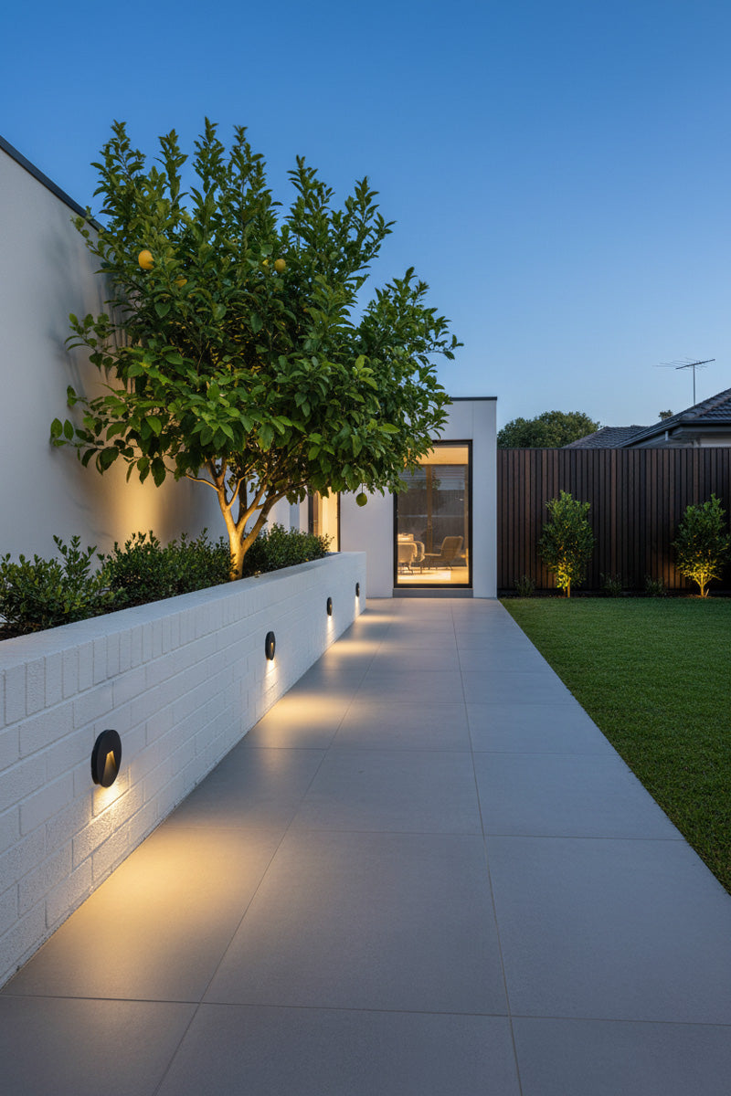 Modern outdoor walkway beside a white brick wall with built-in circular landscape lights, step lights used as pathway lighting