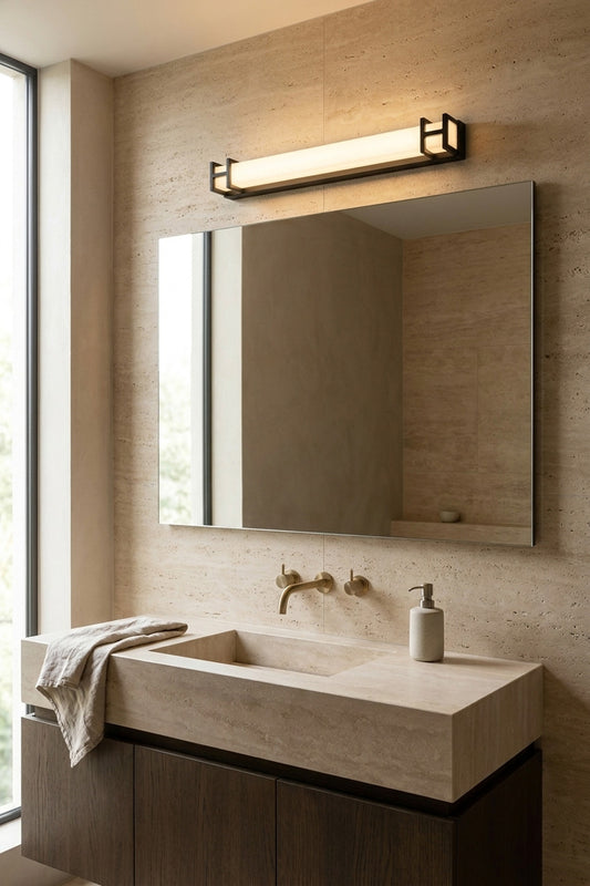 Black medium vanity wall light above a mirror in a powder room. 
