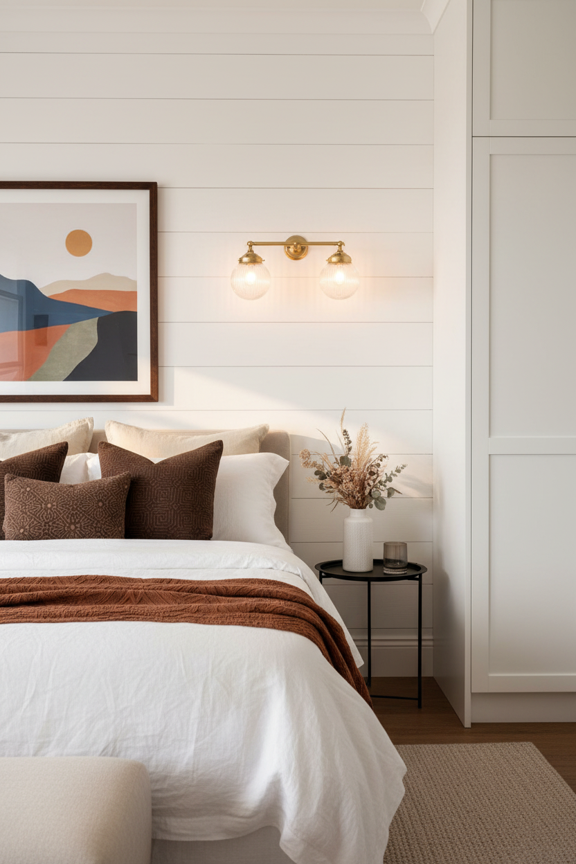 A styled bedroom interior with a bed dressed in white linens and brown pillows, a brass wall sconce: two amber reeded glass ball shades on a double gold/brass straight arm sconce in a bedroom. 