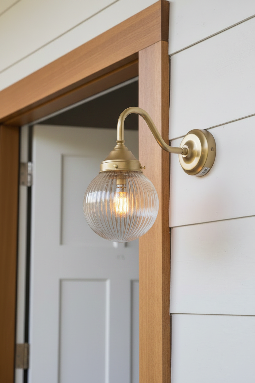Gold wall-mounted light fixture with clear glass shade on a white wall.