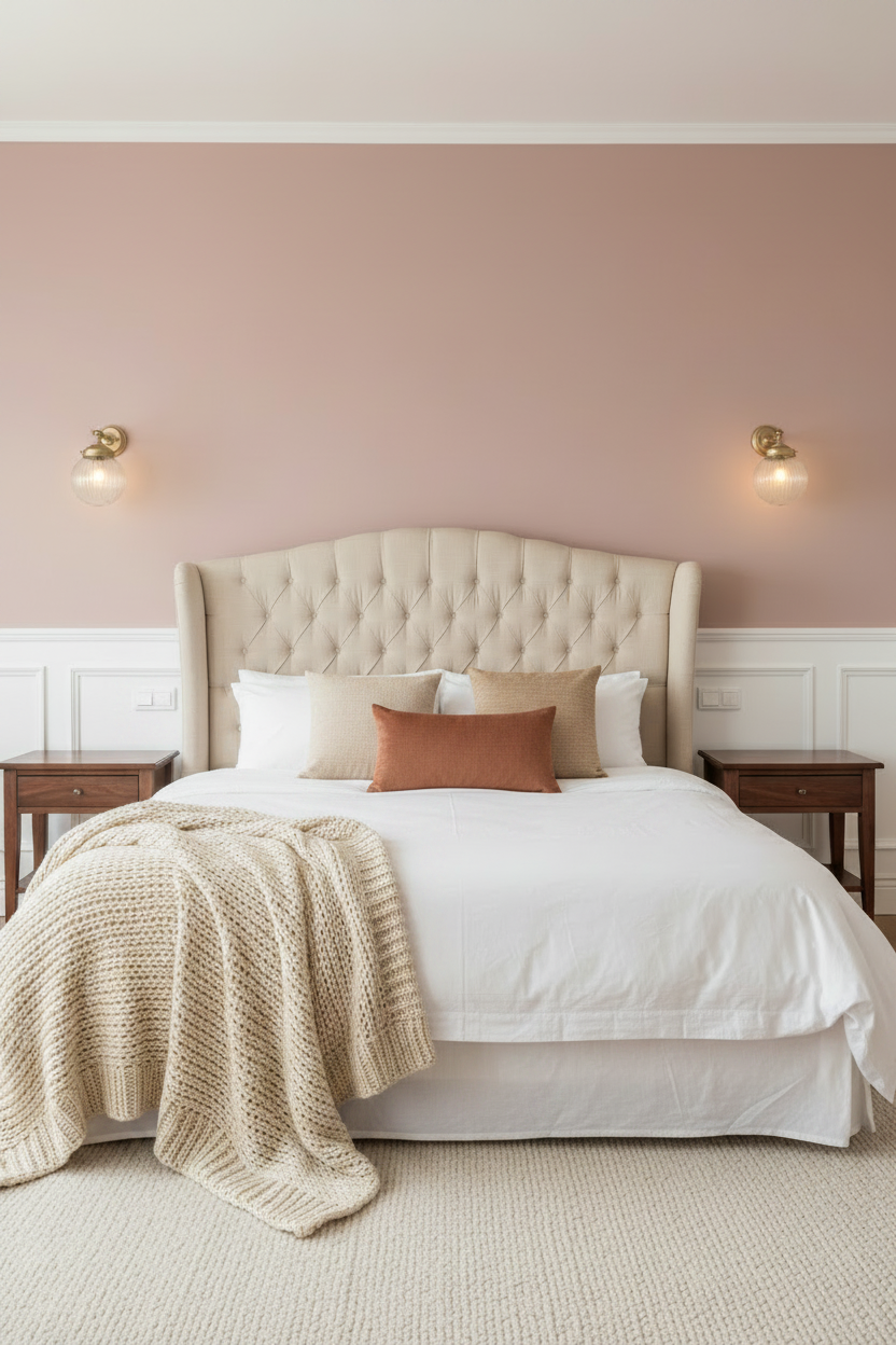 bedroom with tufted cream upholstered headboard, set against a dusty pink wall with and two gold wall sconces holding clear reeded glass shades.
