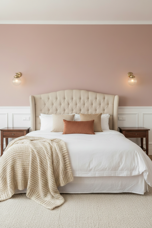 bedroom with tufted cream upholstered headboard, set against a dusty pink wall with and two gold wall sconces holding clear reeded glass shades.