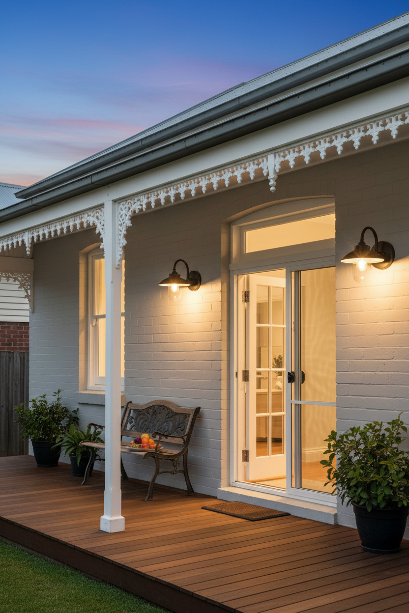 A front porch of a white brick house, with two outdoor wall light with gooseneck arm on verhanda glowing beside the double glass doors.
