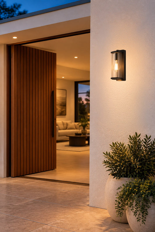 Black outdoor wall light with clear glass and a filament bulb, mounted beside a modern front entrance at dusk