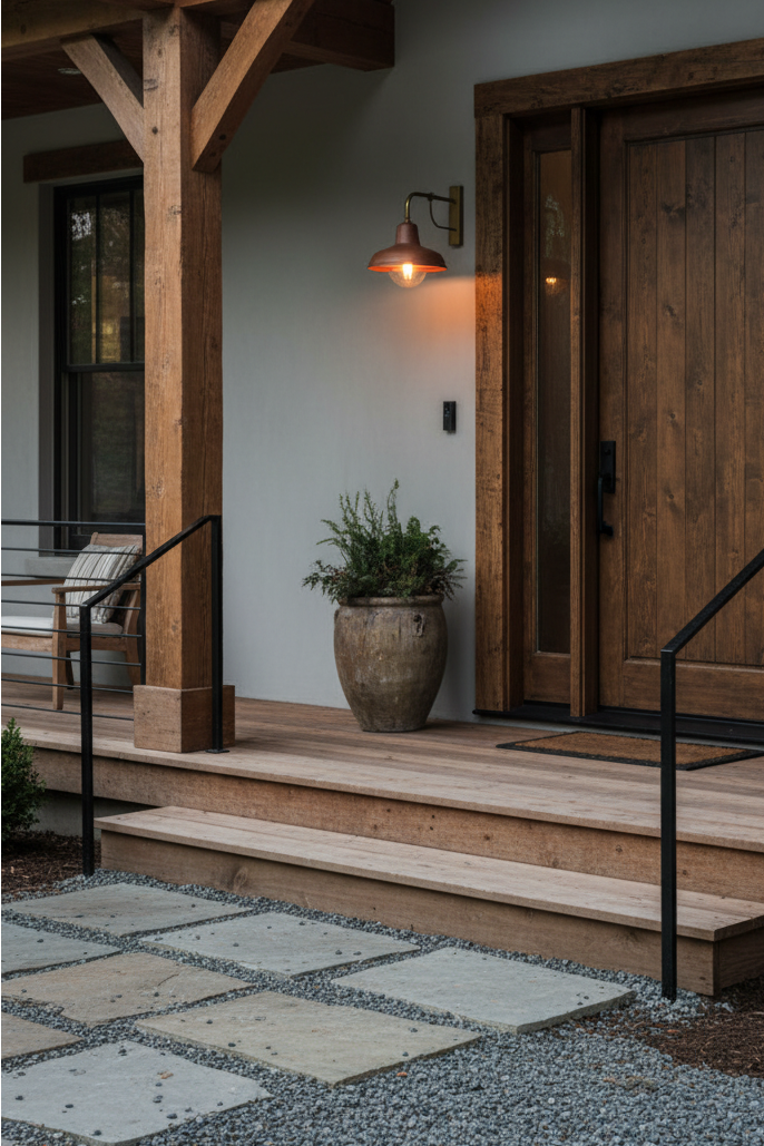 copper outdoor wall light on the front door porch