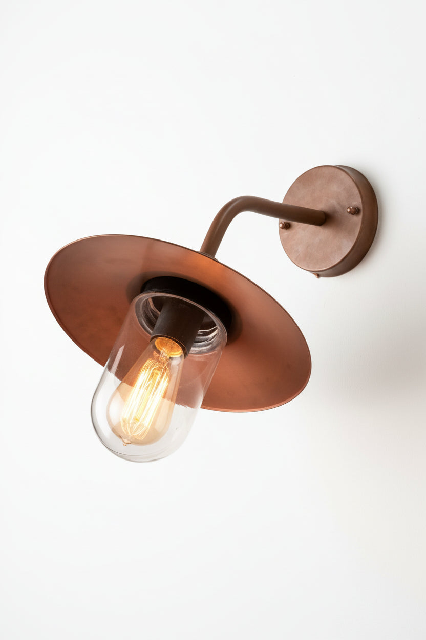 Copper wall light with glass cover, paired with a clear tear drop bulb. 