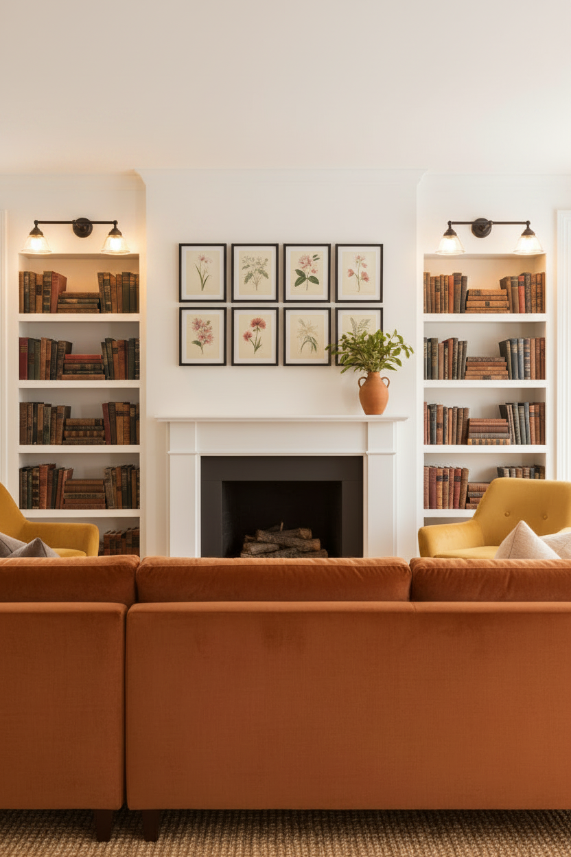 A modern living room featuring a large rust-orange velvet sectional sofa. Built-in bookshelves filled with books and double sconce wall lights above
